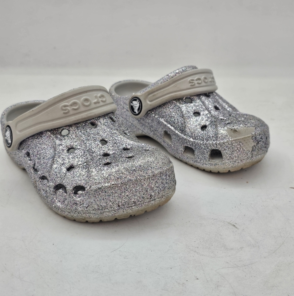 Crocs Baya Glitter Clogs Silver Little Kids Size 9 Toddler Sparkly Comfort Shoes - Picture 2 of 8